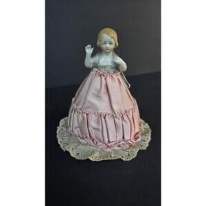 Vintage Porcelain Pincushion Doll Pink Satin Skirt Lace Blonde 5 Inch Tall